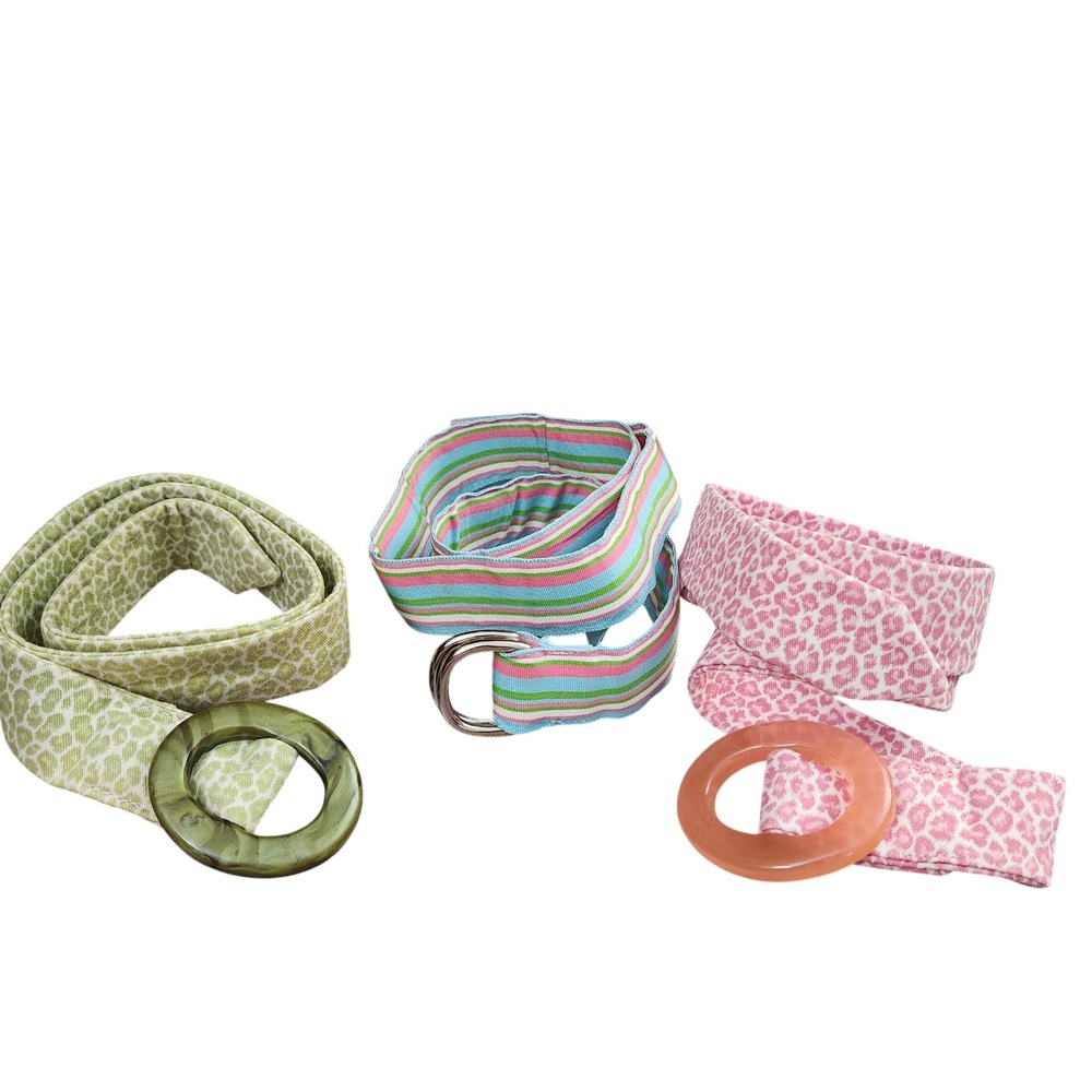 Eliza B. Fabric Belt Bundle 3pc Small Pink Green Animal Print Striped Ribbon